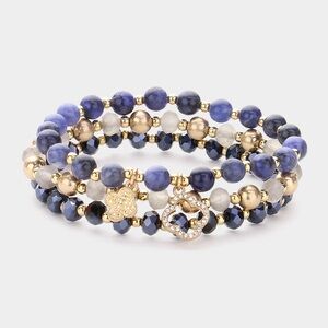 Quatrefoil Charm Faceted Beads Natural Stones Stretch Multi Layered Bracelets